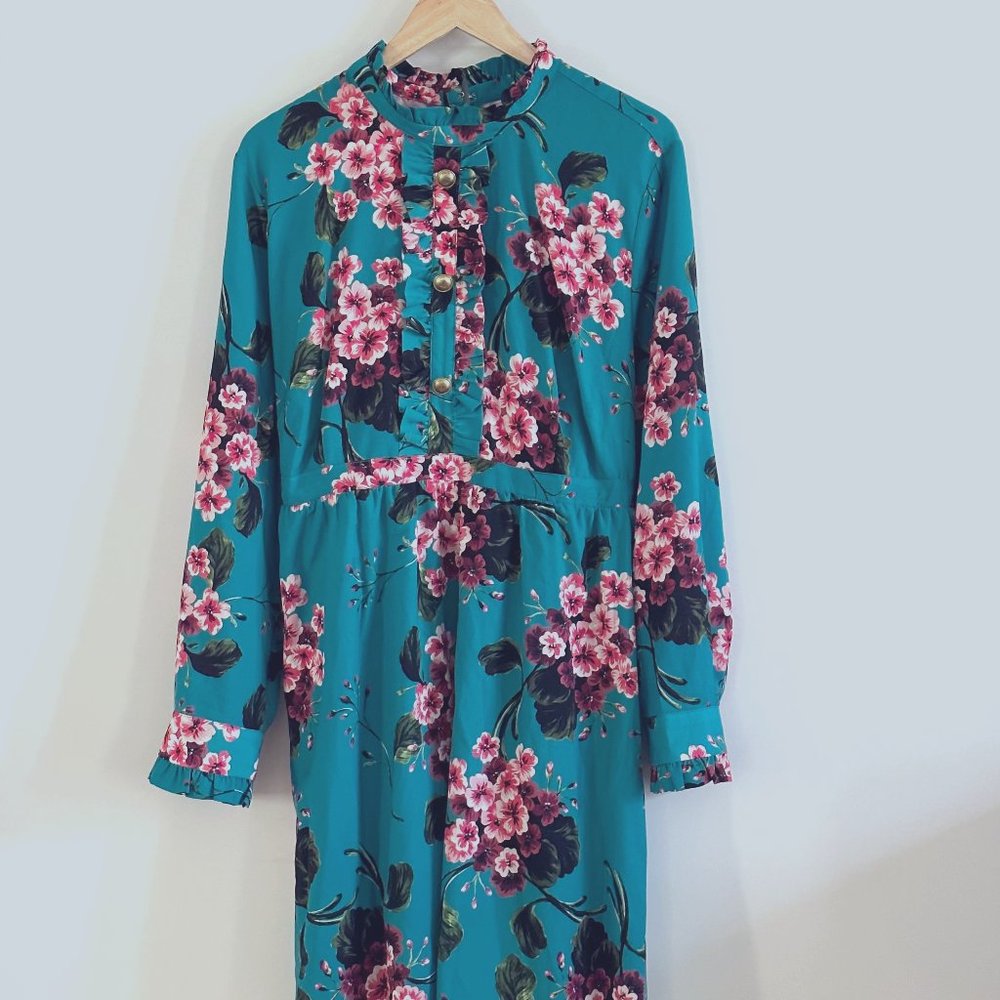 Eloquii Floral Print Dress with Long Sleeves and Ruffle Details